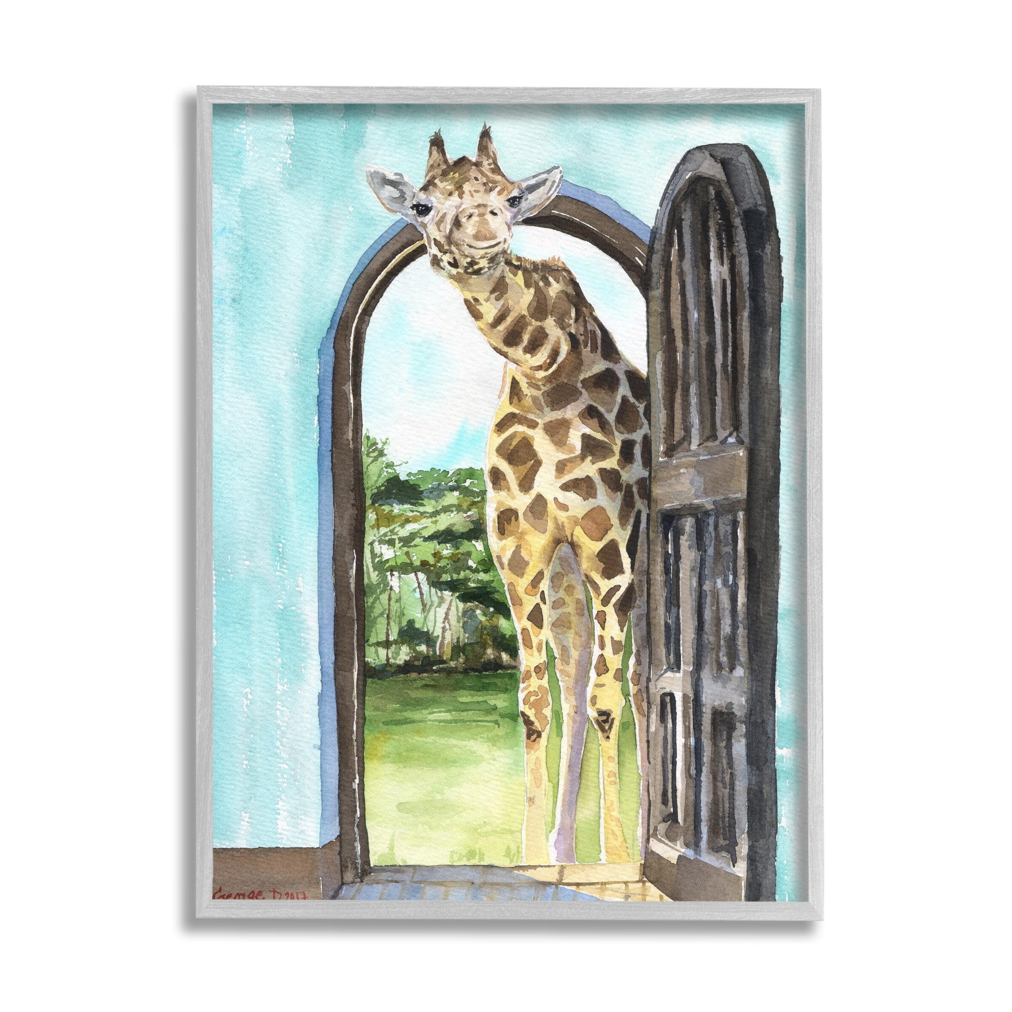 Stupell Industries Giraffe Through Doorway Safari Animal Portrait Black Framed, 24 x 30, Design by George Dyachenko