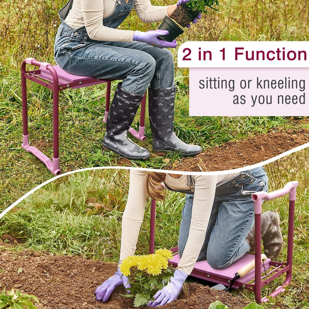 Colwelt Folding Garden Kneeler, Portable Garden Kneeler Seat Bench with Tool Pouch and Gloves, Garden Kneeler Stool with Rugged & Sturdy Steel Frame(Purple)