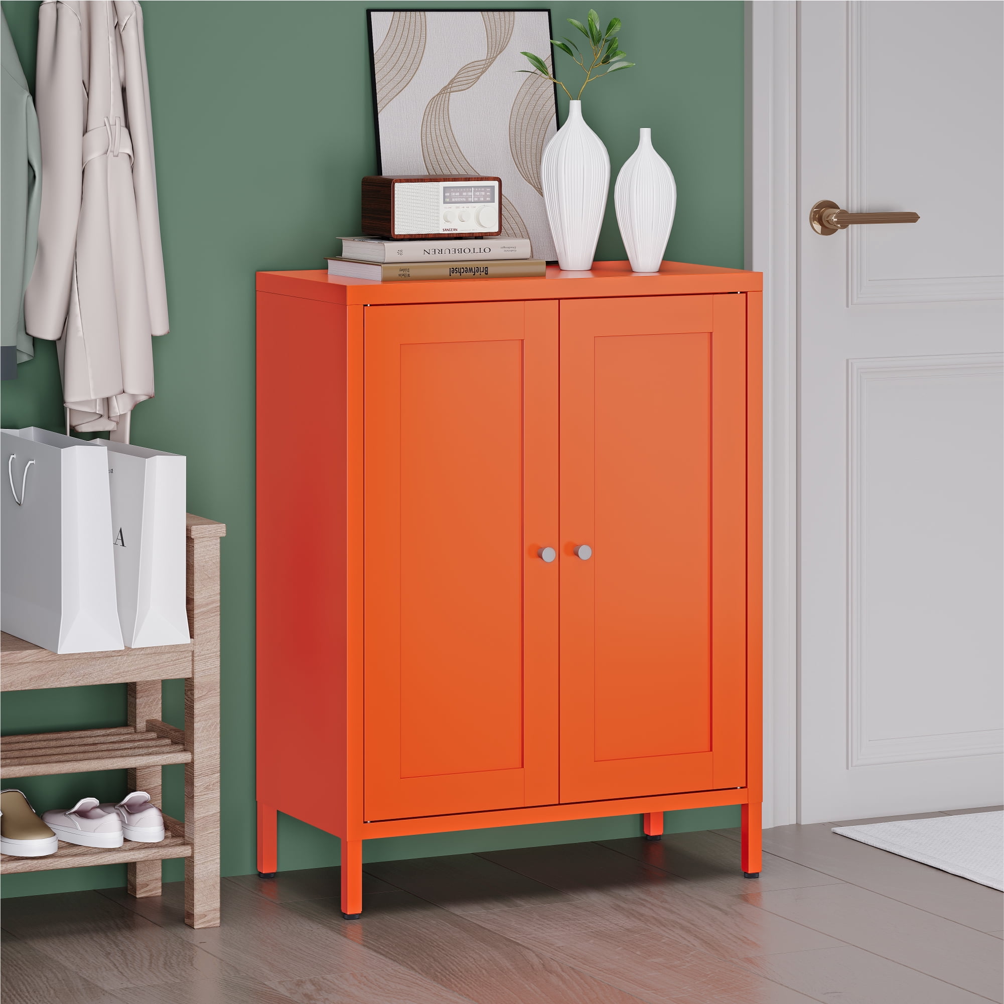 Elegant Bathroom Floor Storage Cabinet,Sideboard Cabinet with Adjustable Shelves,Freestanding Organizer Rust-Proof Locker,Living Room,Hallway,Orange