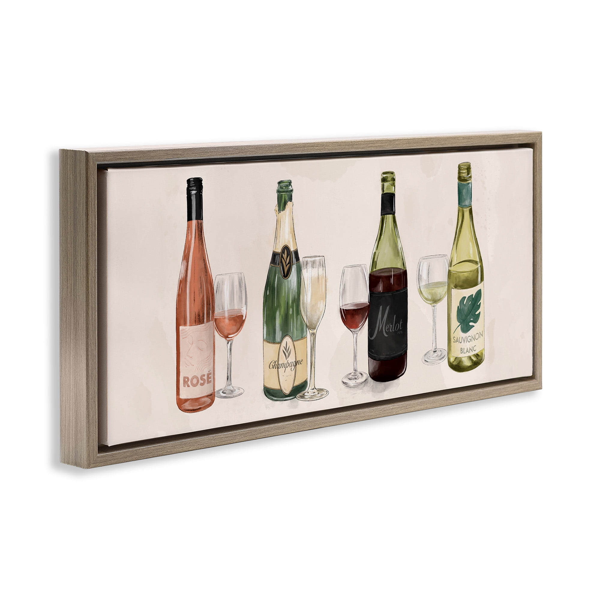 Stupell Industries Various Wine & Champagne Bottles Food & Beverage Painting Brown Floater Framed Canvas Art Print Wall Art, 31 x 14