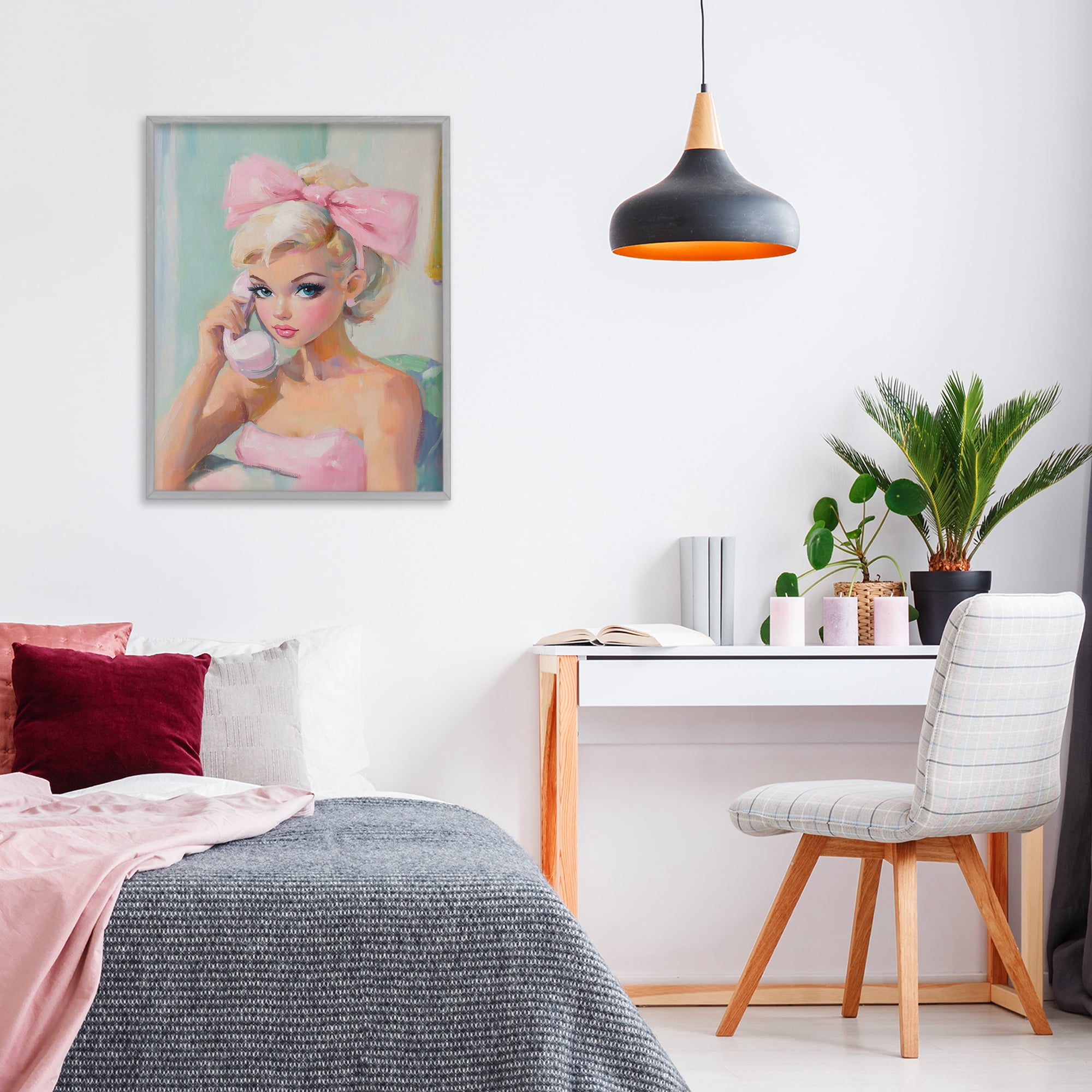 Stupell Industries Blonde Girl with Pink Bow Gray Framed Giclee Art, design by The Prints Vibe