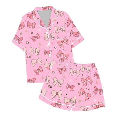 Wangmeiwg Girls Casual Pajama Set With Bow Tie Print Design For Cozy And Comfortable Sleepwear And Loungewear Outfits 8-9 Years Pink