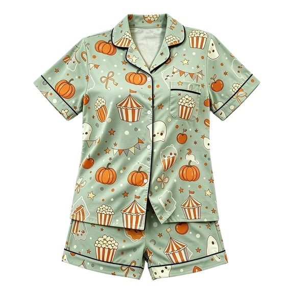 WOYY Girls Short Sleeve Halloween Pajamas Button Down Shirt Shorts Sleepwear, Sizes 2-16