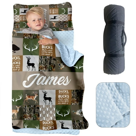 AOLOA Personalized Toddler Nap Mat for Preschool Custom Name Kids Nap Mat with Pillow Cover and Soft Dot Minky Blanket Dark Green Plaid Design Daycare Nap Mats Rolled Slumber Bags Easy to Carry