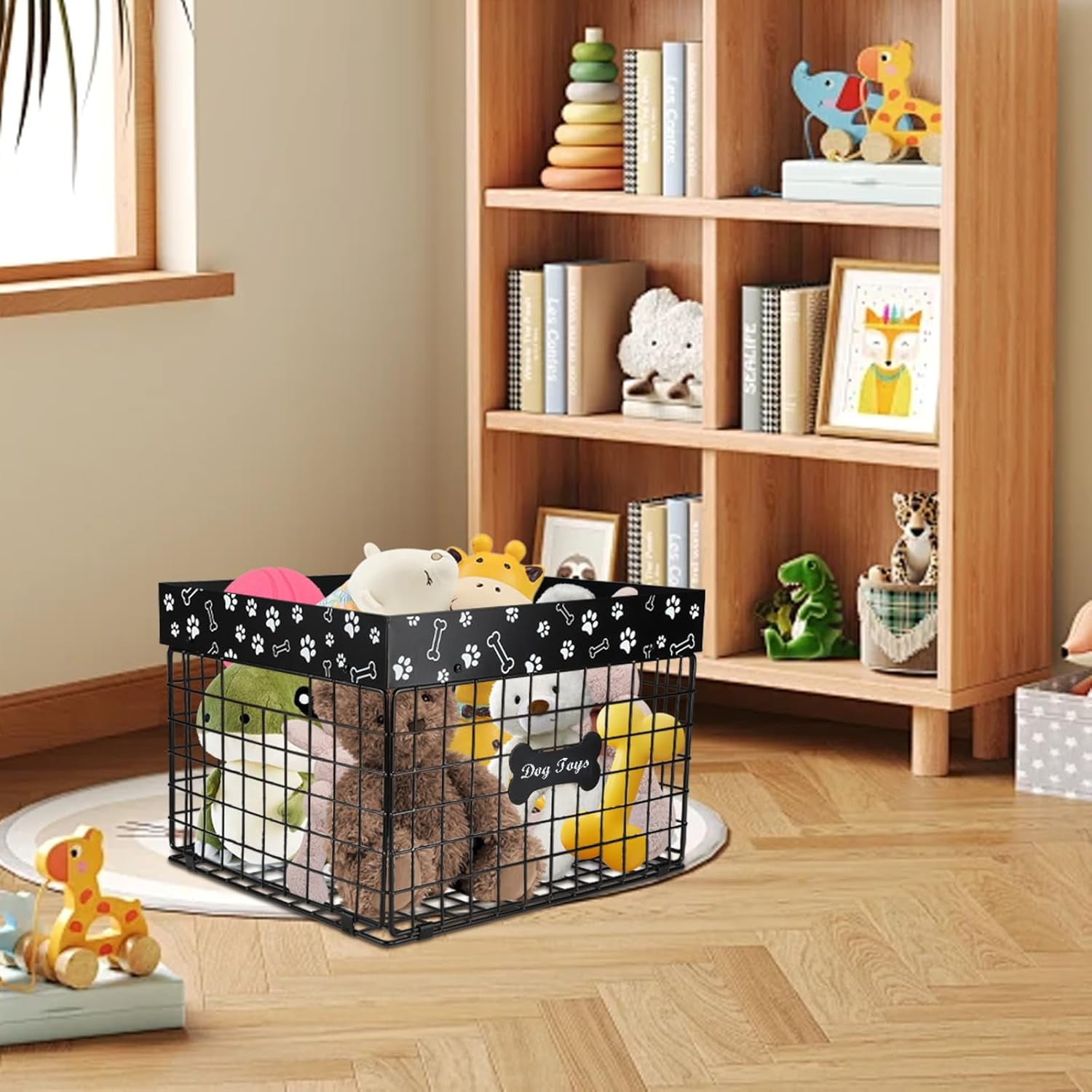 Brabtod Chew-Proof Dog Toy Organizer, Large Metal Wire Folding Storage Basket, Pet Toy Box with Durable Construction - Black