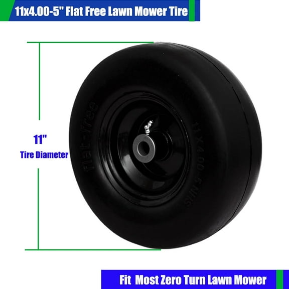 11x4-5" Lawn Mower Tires on Wheel, Flat Free Solid Smooth Tread Zero Turn & Garden Tractor Mowers Tire Assembly, 3/4" or 5/8" Bushing, 3.4"-4"-4.5-5" Centered Hub, 2 Pack