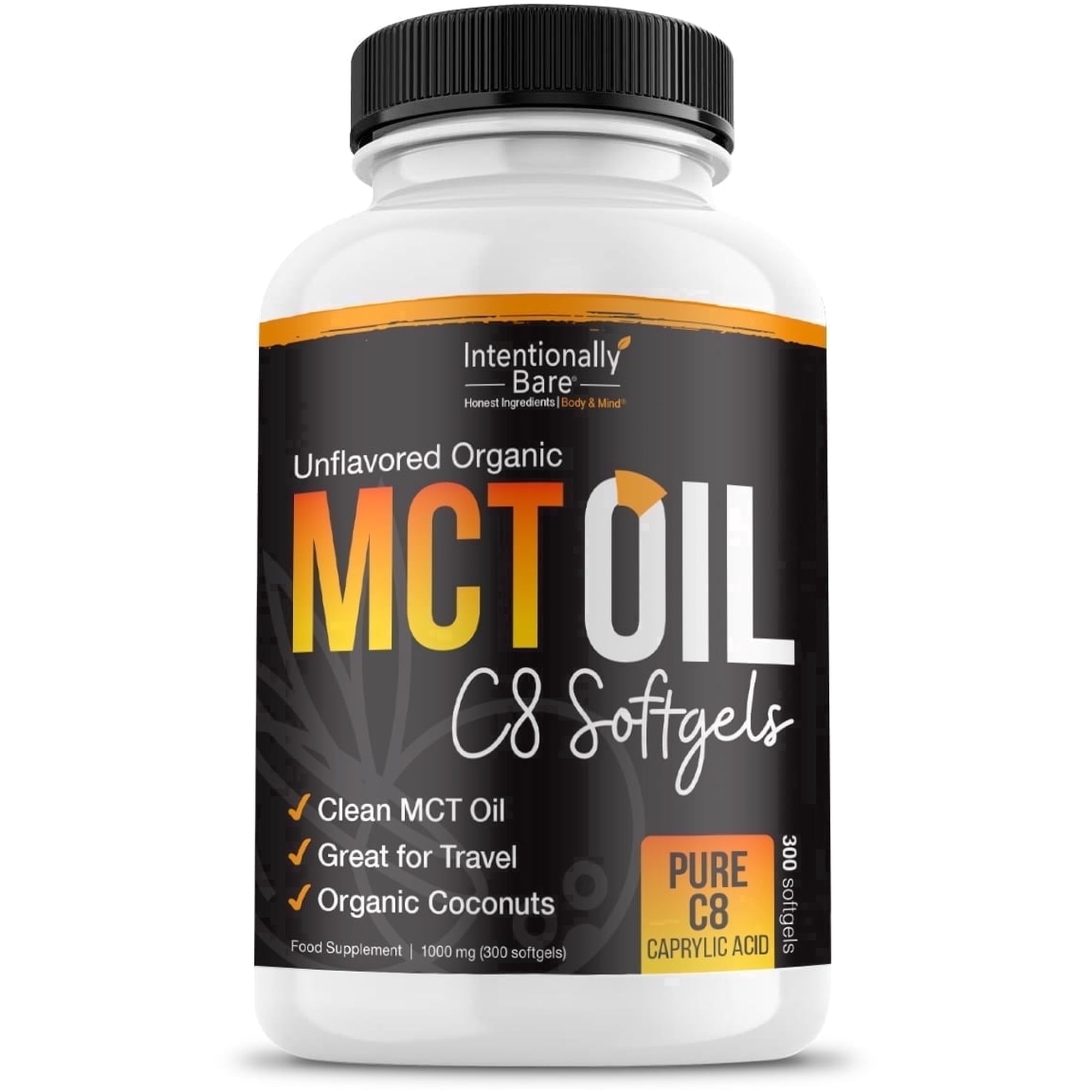 Intentionally Bare Organic Pure C8 MCT Oil Capsules- Great for Travel & Appetite Suppression- 1000mg