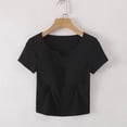 thumbnail image 2 of For Women's V-Neck Padded Short Sleeve T-Shirt - Slim Fit Ribbed Crop Top, Built-in Bra Yoga & Gym Workout Shirt, Casual Athletic Wear Black L, 2 of 8