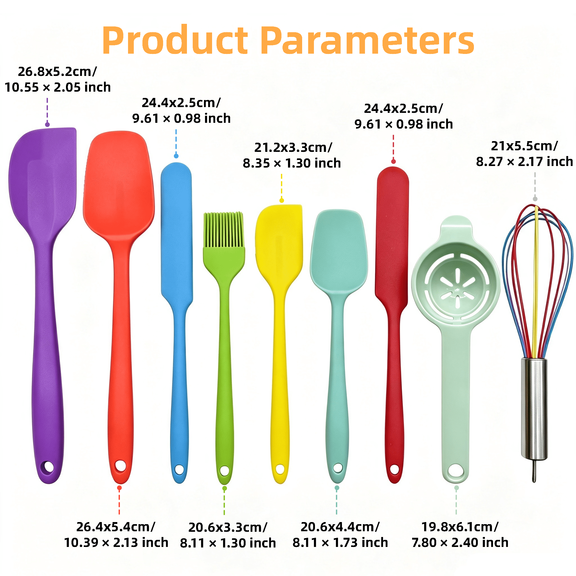 9‑Piece Silicone Spatula Set, Heat‑Resistant Silicone Baking Utensils, Non‑stick Kitchen Cooking Tools with Whisk, Basting Brush and Egg Separator, Multicolor Rubber Spatula Kit for Mixing, Baking