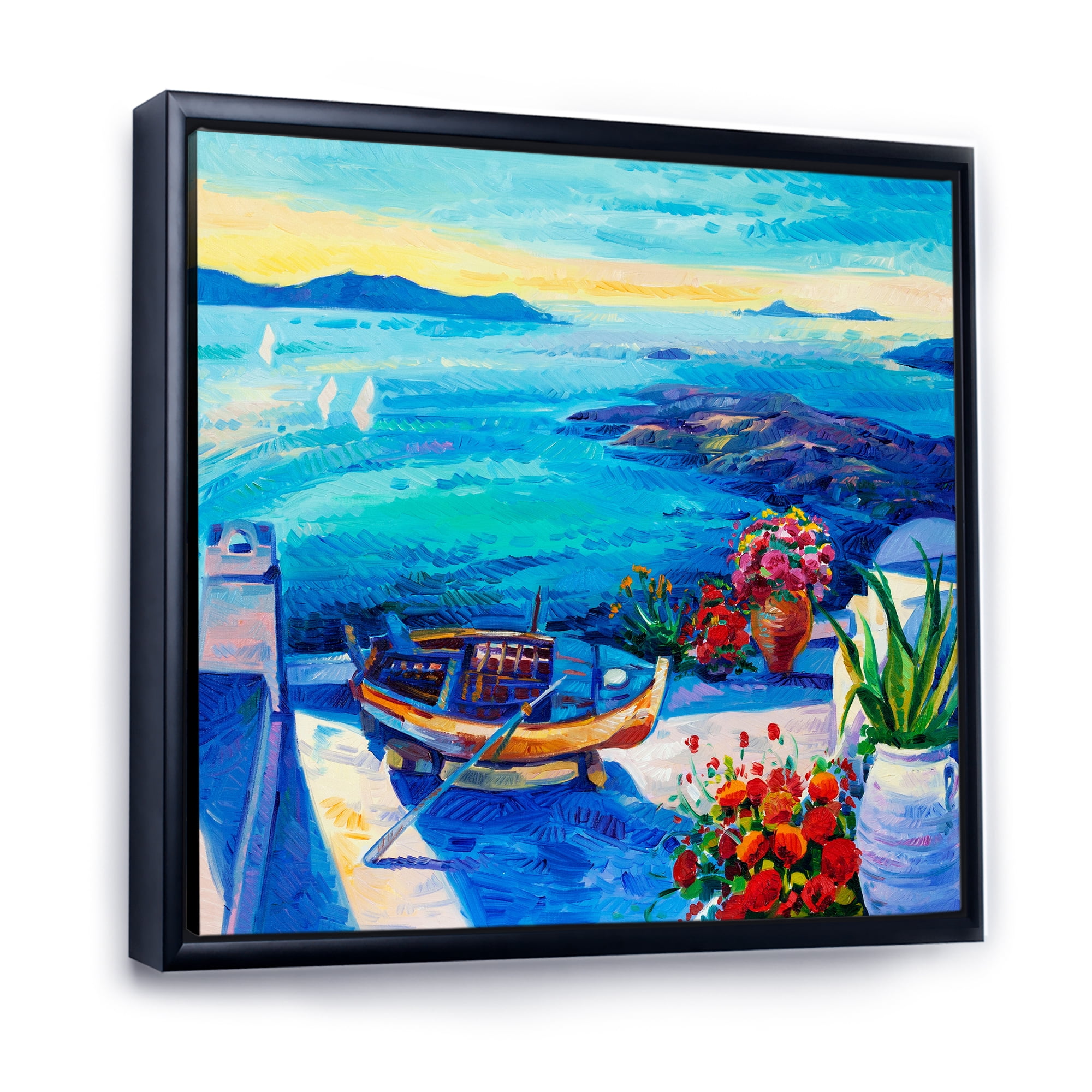 Designart 'Little Red Flowers With Sea View' Nautical & Coastal Framed Canvas Wall Art Print