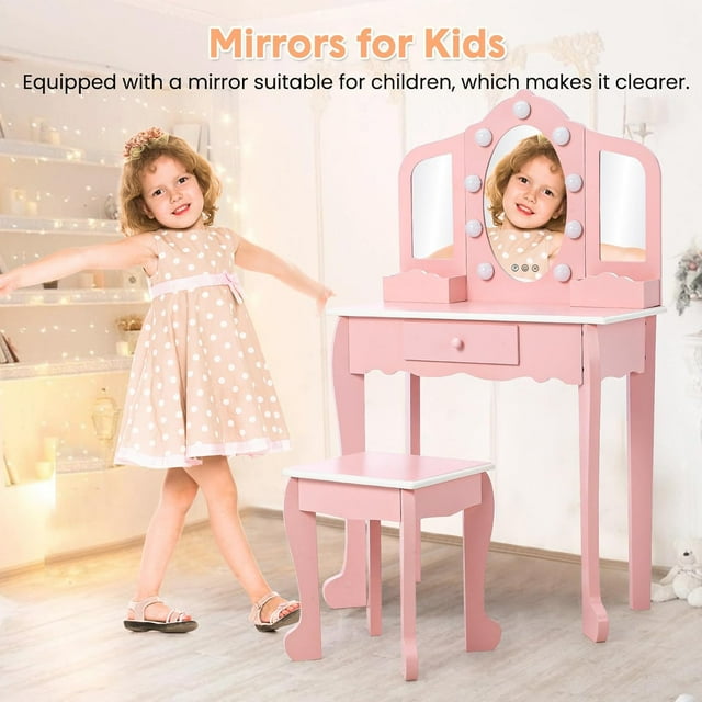 OUYAWEI Vanity with Touch Lighted Mirror, Little Girls Vanity Table & Stool, Makeup with Tri-Fold Mirror, Drawer & Storage Grid for 3-9 Yrs Girls,Pink(with accessories)