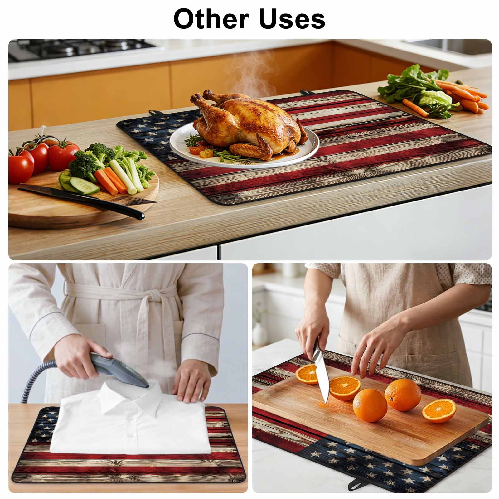Retro American Flag Stove Top Cover for Electric Stove, Heat-proof & Non Slip Glass Top Stove Cover Protector, Red Blue Flag Vintage Wooden Kitchen Flat Cooktop Rubber Mat 24x21 Inches
