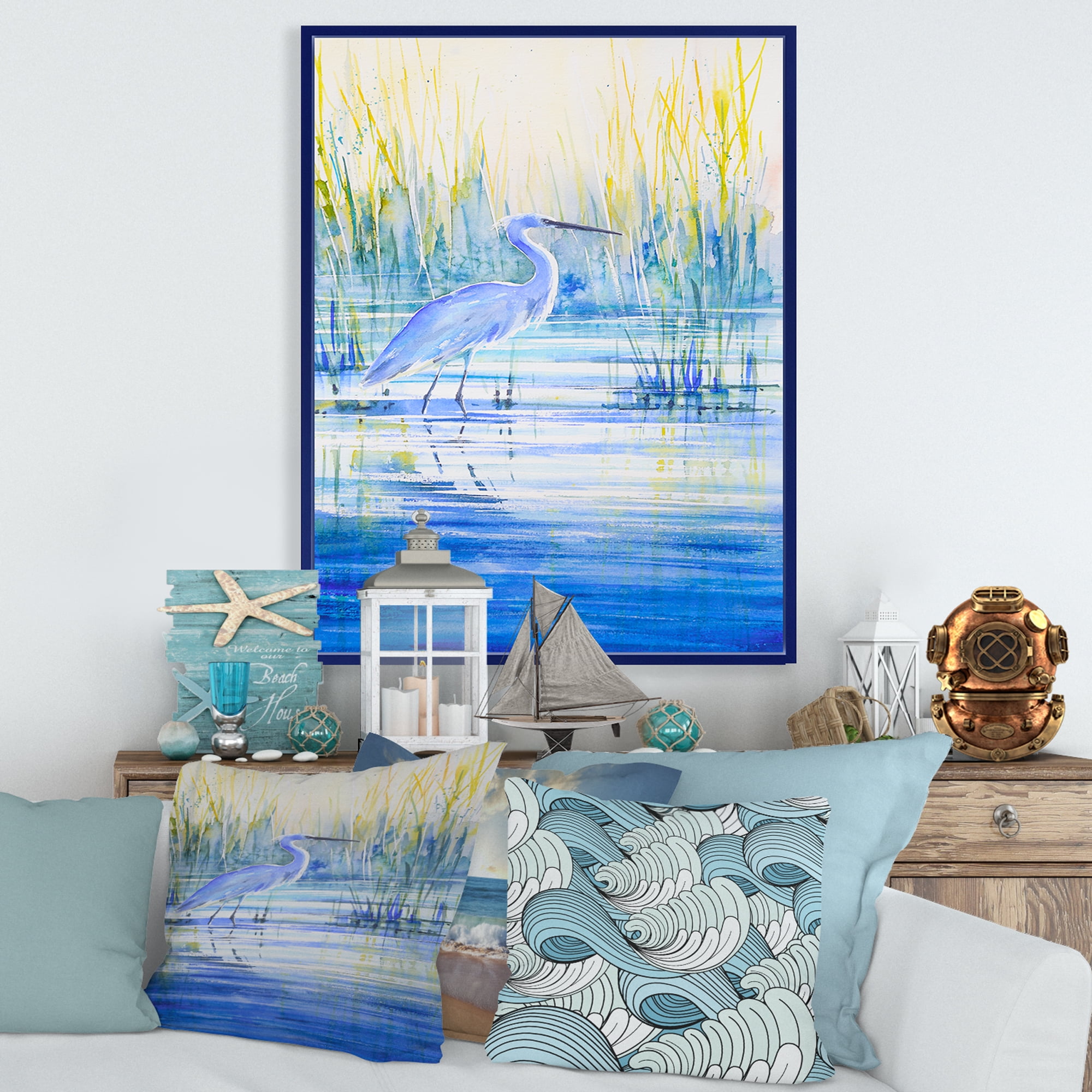 Designart 'Blue Heron On The Lake Shore' Traditional Framed Canvas Wall Art Print