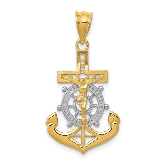 14k Yellow Gold Nautical Anchor Cross Pendant for Men and Women with Ship Wheel Design Polished Religious Jewelry for Christian Faith and Personal Style