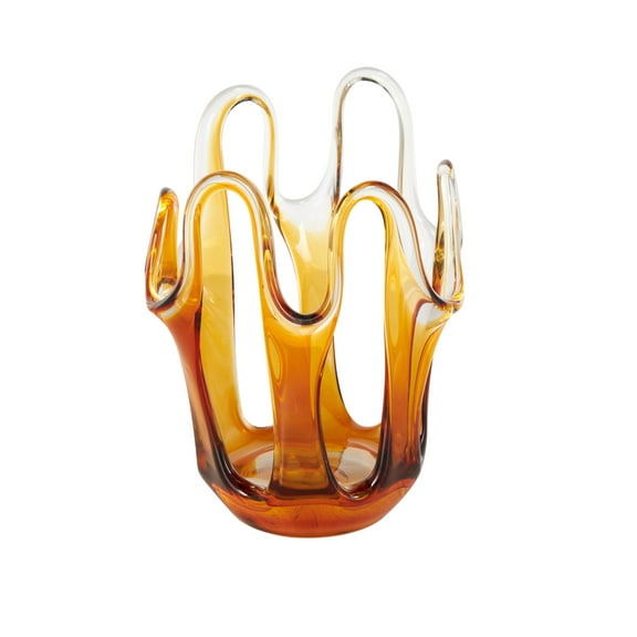 DecMode 10" Abstract Ombre Orange Glass Vase with Wavy Oval Cutouts