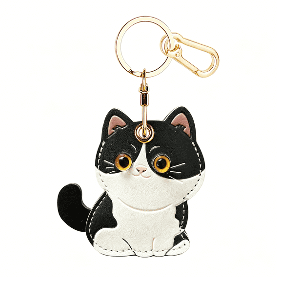 GJX Leather Keychain Holder Case for Airtag,Cute Protective Keychain Cover Compatible with Airtag,Anti-Scratch Gps Case for Keys(Cow Cat)