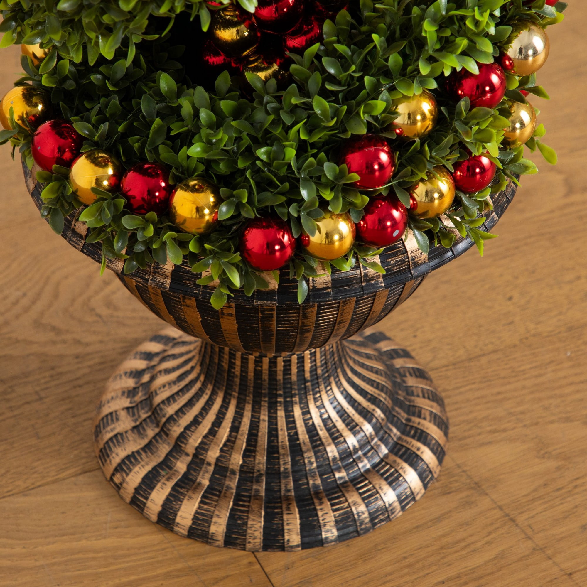 3ft. Pre-Lit Artificial Christmas Spiral Boxwood Topiary Tree with Ornaments and 70 LED Lights in Decorative Urn