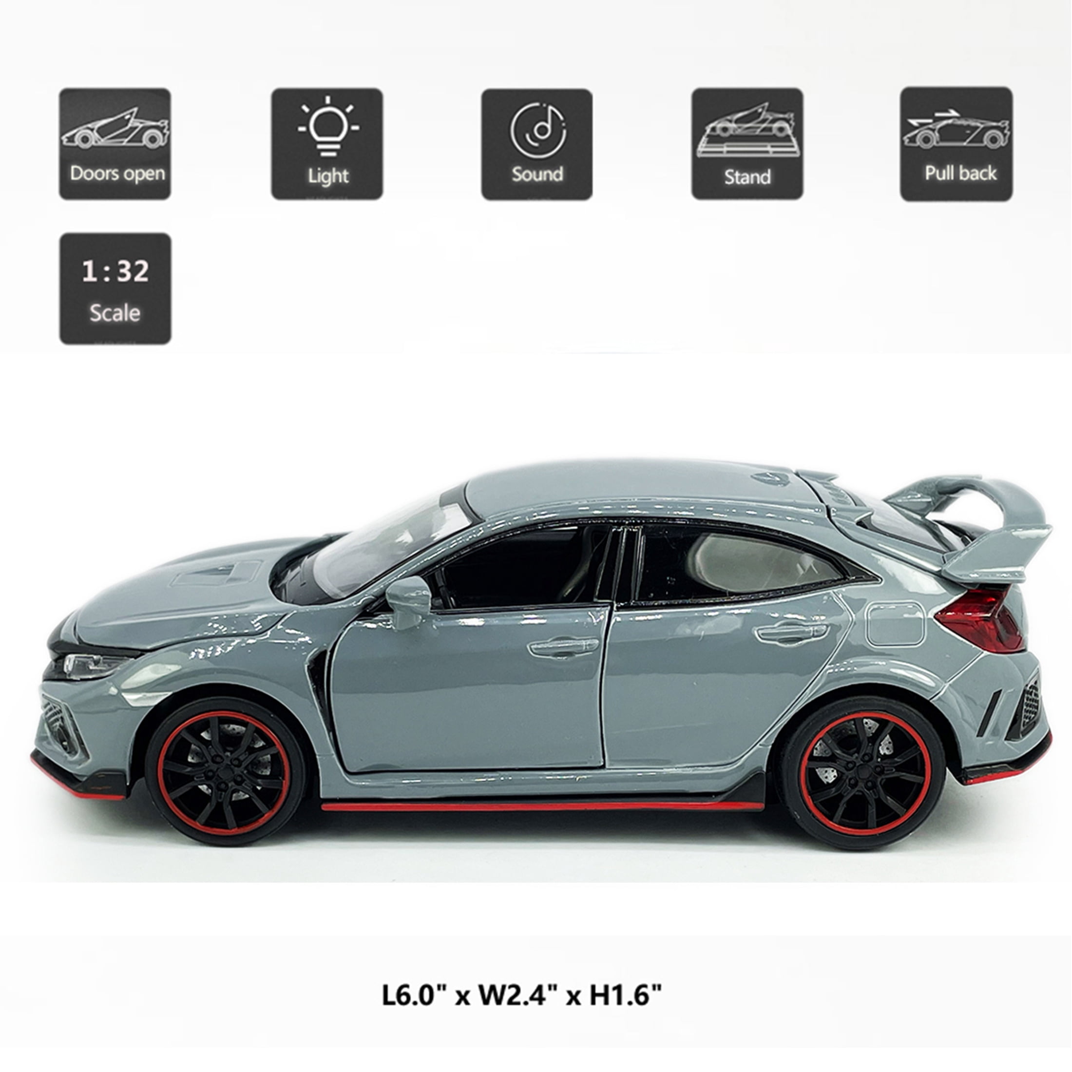 Civic Type R Hatchback Sports Diecast Car Model Toy Vehicle 1/32 Scale Metal Pull Back Friction Powered Vehicles Doors Open Light Sound Alloy Casting Toys Kids Boys Adults Birthday Gifts, Cement Grey
