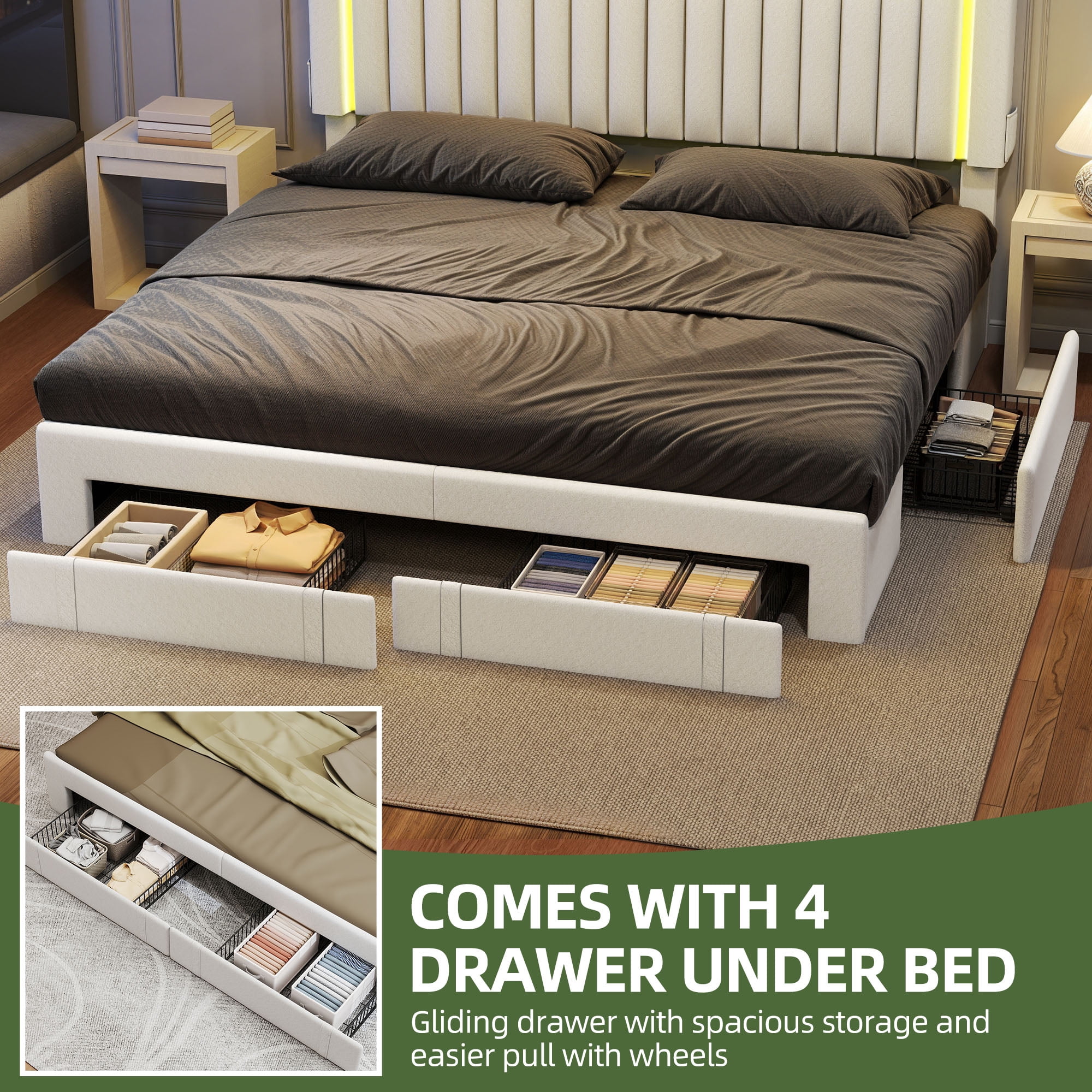 King Size Velvet Upholstered Platform Bed Frame with RGB LED Lights, 4 Storage Drawers & USB Ports (White)