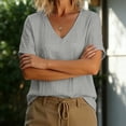 thumbnail image 4 of ClodeEU Women's Linen Blend V Neck Short Sleeve T-Shirt,Solid Color Casual Top Gray,Womens Plus L, 4 of 7