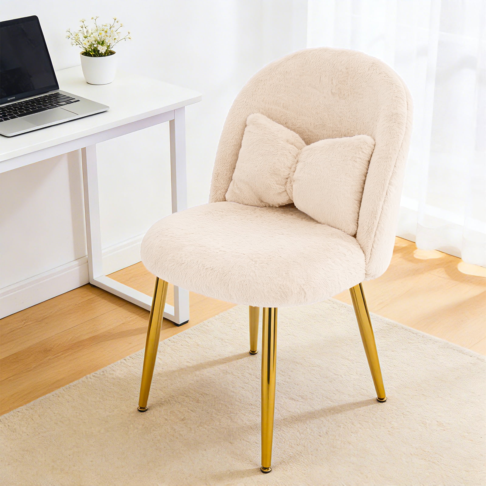 Ktaxon Vanity Makeup Chair Comfy Accent Chair Small Office Chair for Living Dining Room Bedroom Home Office Faux Rabbit Hair Light Khaki