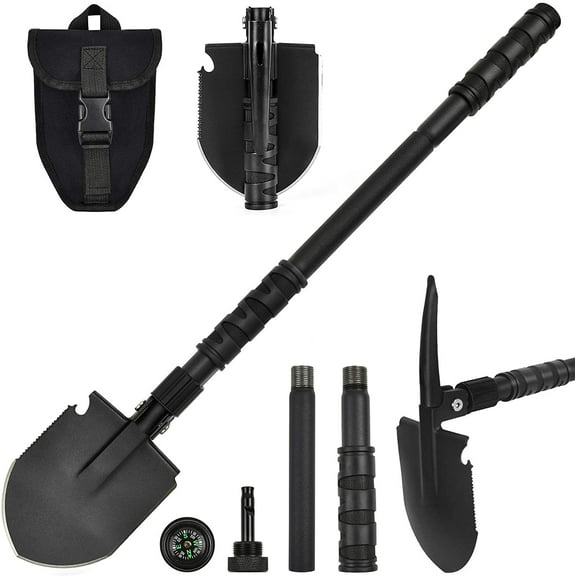 Camping Shovel, (24.21'') Survival Off Road E Tool Folding Shovel with Pickaxe, Portable Bag, High Carbon Steel, for Digging, Backpacking, Hiking, Gardening, Emergency, Outdoor