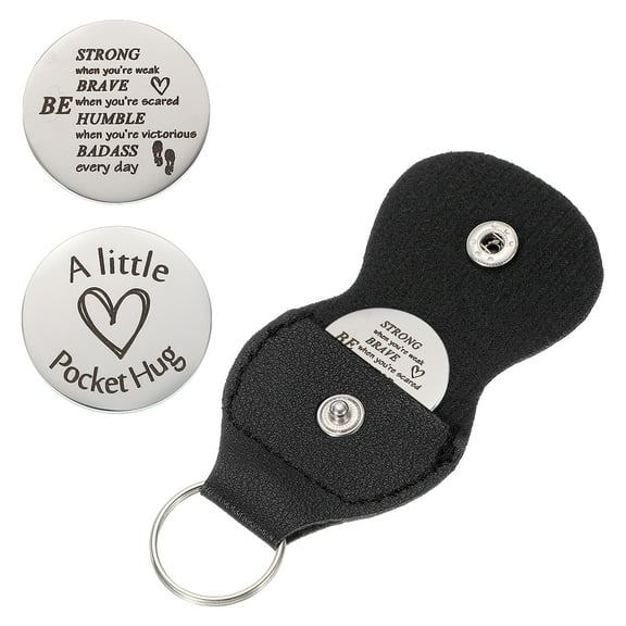 Pocket Hug Token, Double Sided Coin with Leather Keychain Long Distance Relationship Inspirational Keepsake Gifts, Be Strong when you're weak