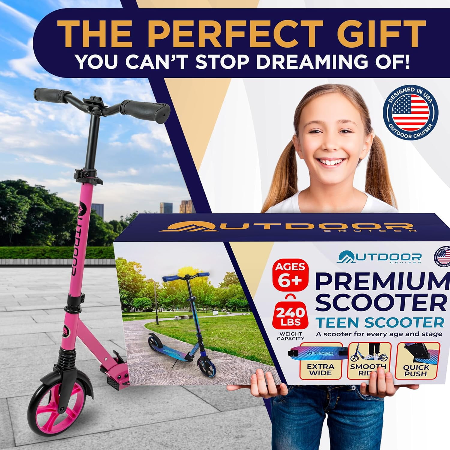 OutdoorCruiser Kick Scooter for Ages 6+, Kids, Teens & Adults, Foldable, Dual Suspension, 3-Level Adjustable Handlebar, Child Safety Approved, Pink