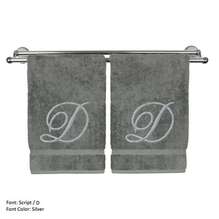 Personalized Embroidered Baby Gifts Monogrammed Hand Towel, Personalized Gift, 16 x 30 Inches - Set of 2 - Silver Embroidered Towel - Extra Absorbent 100% Turkish Cotton- Soft Terry Finish - For Bathroom, Kitchen and Spa- Script D Gray ()