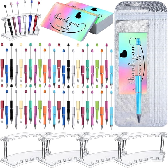 148 Pcs Beadable Pen Set, 48 Pens with Resealable Bags, Thank You Cards & 4 Display Stands, Complete Gift Collection