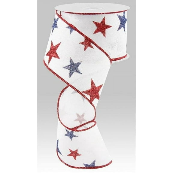 Dashed Glitter Stars Wired Edge Ribbon - 10 Yards (White, 2.5")