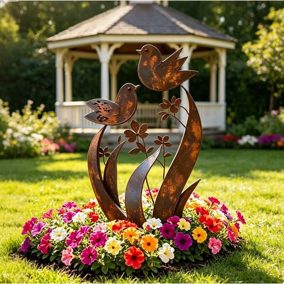 Bird & Wildflower Metal Garden Stake, Rustic Decorative Outdoor Plant Art Stake, Bird Floral Pattern Garden Ornament for Lawn Patio Flower Bed Planters 1PCS