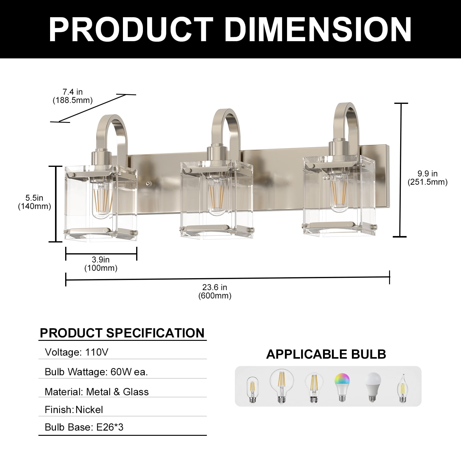 YANSUN 23.5 in 3-Light Brushed Nickel Modern Bathroom Vanity Light with Square Glass Shades for Bathroom Hallway (Bulbs Not Included)