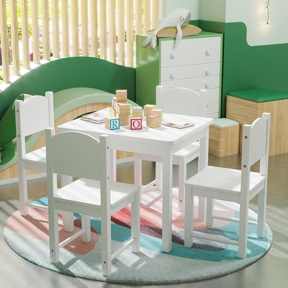 Aromei Kids Table with 4 Chairs Set Toddler Wooden Activity Table for Play and Study, White