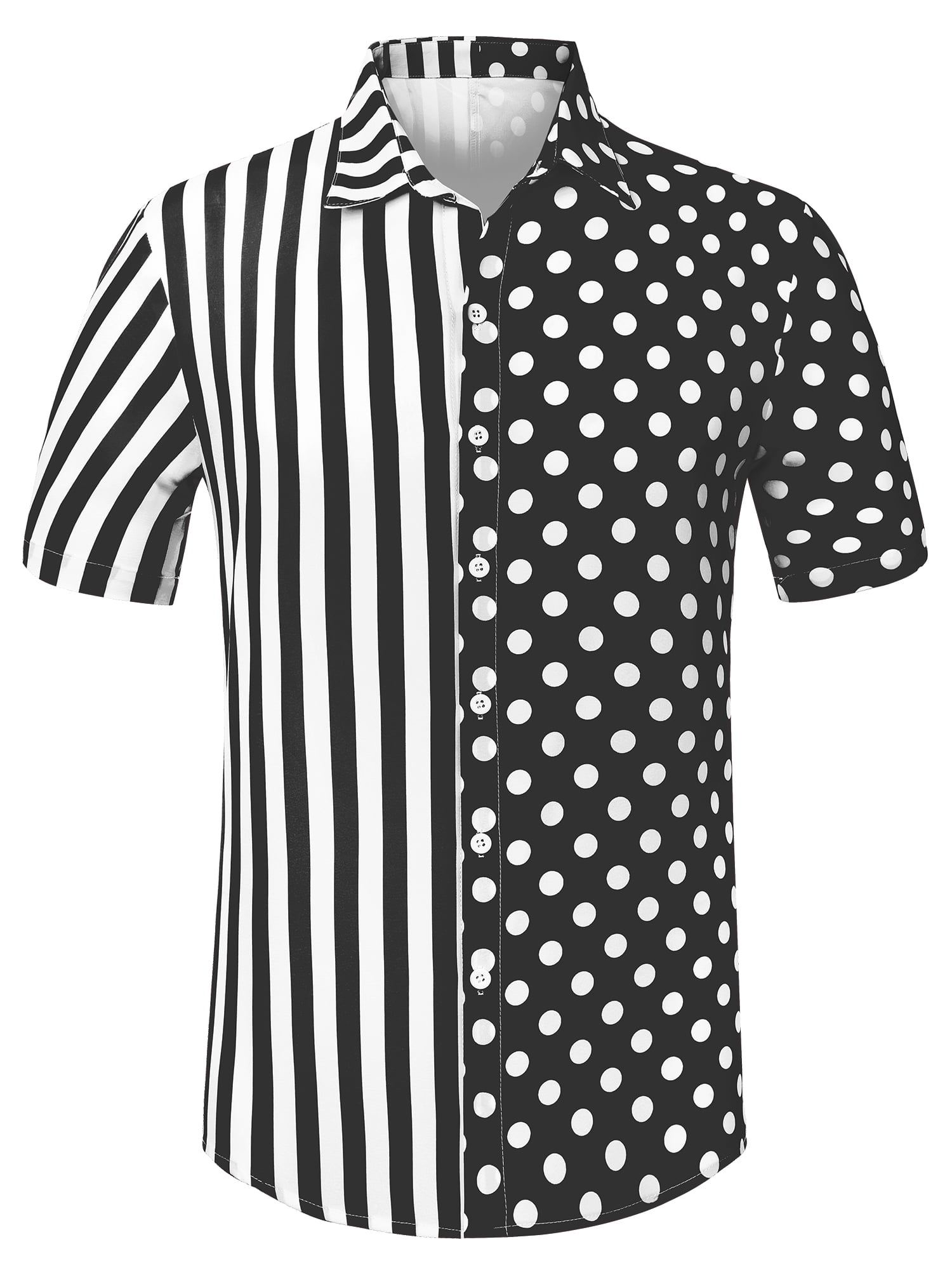 Unique Bargains Men's Summer Stripe Polka Dots Short Sleeves Button Patchwork Shirt XL Black White