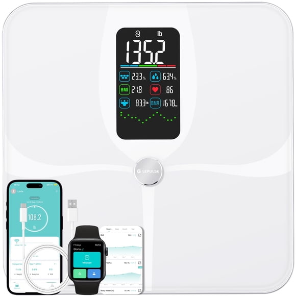 Báscula inteligente Lepulse con IMC, grasa corporal, masa muscular, pantalla grande de 4.68" con tendencia, báscula de composición de 22" de alta precisión con frecuencia cardíaca, báscula de baño con