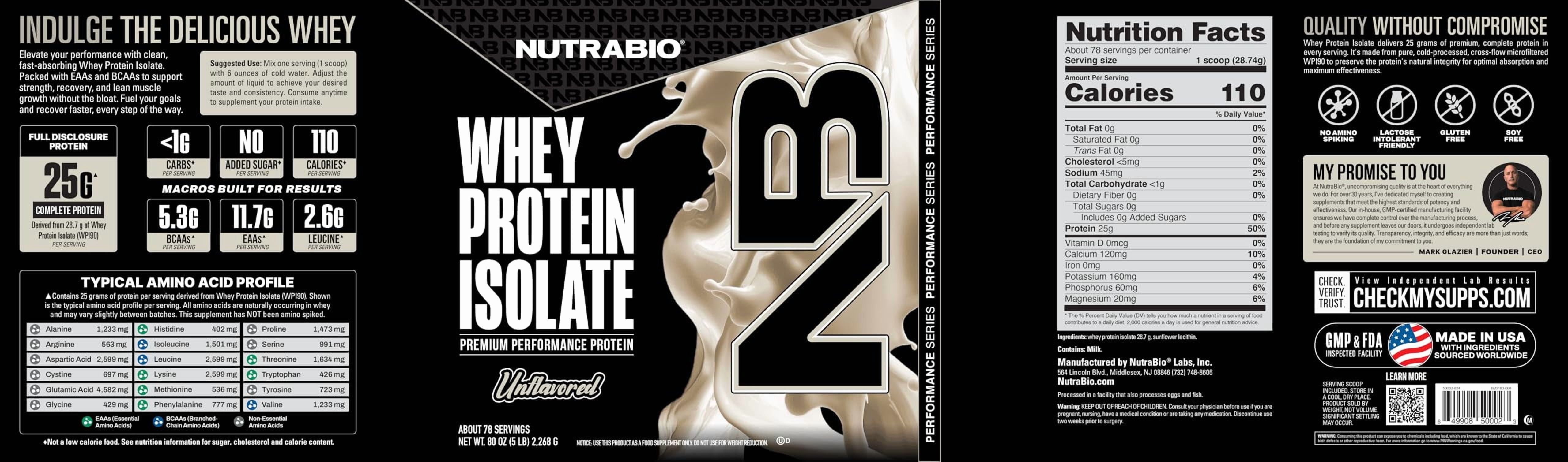 NutraBio Whey Protein Powder Isolate Supplement – 25g of Protein Per Scoop with Complete Amino Acid Profile - Soy and Gluten Free Protein Powder - Zero Fillers and Non-GMO - Raw Unflavored - 5 Lbs.
