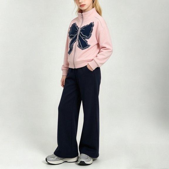 Mifsaly Girls 2 Piece Outfits Stand Collar Zip Up Sweatshirt Jacket with Large Bow Applique and Wide Leg Sweatpants Kids Trendy Fall Winter Casual Activewear