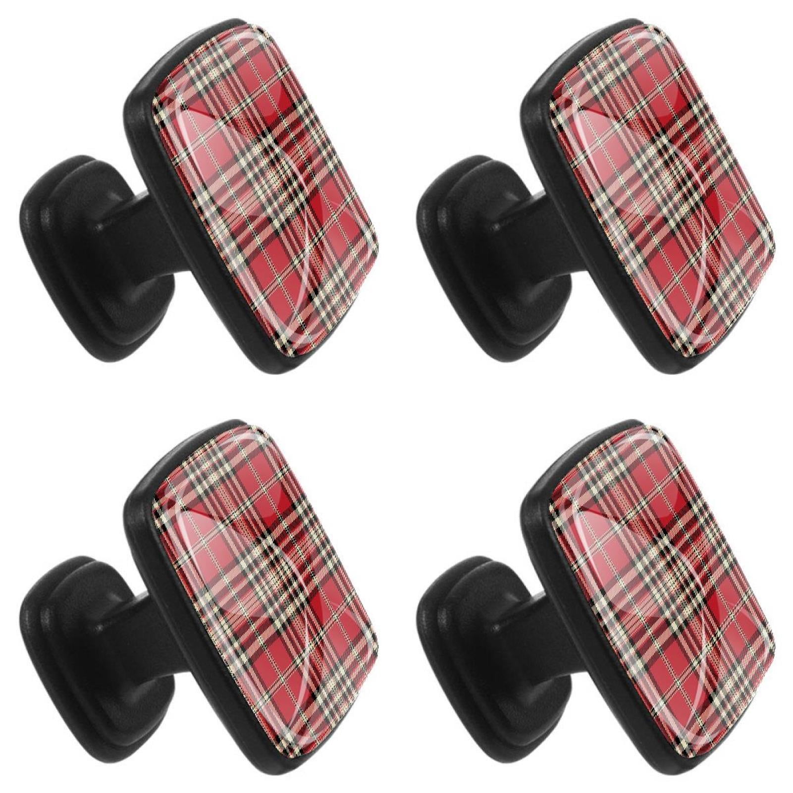 4 Pcs Square Cabinet Handle Cupboard Knob Drawer Pulls Handle Red Plaid Pattern Drawer Knobs with Screws Furniture Decoration