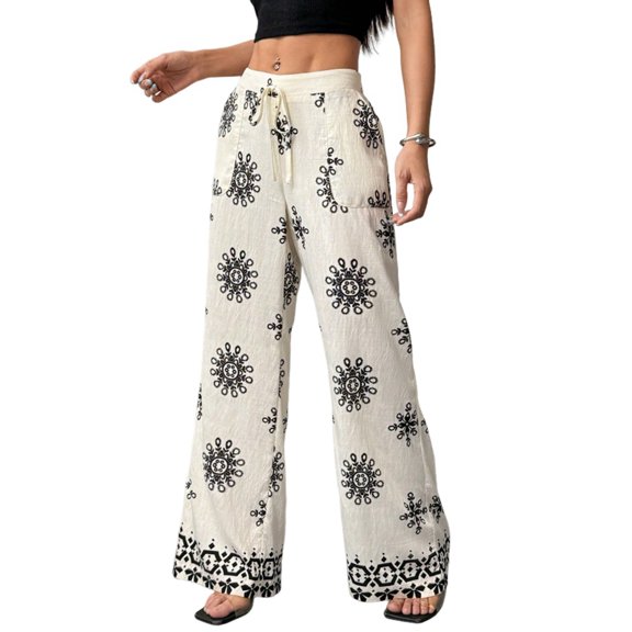 Women Lazy Style Printed Wide Leg Pants Elastic High Waist Side Pockets Loose Fit Casual Trousers Cream White S