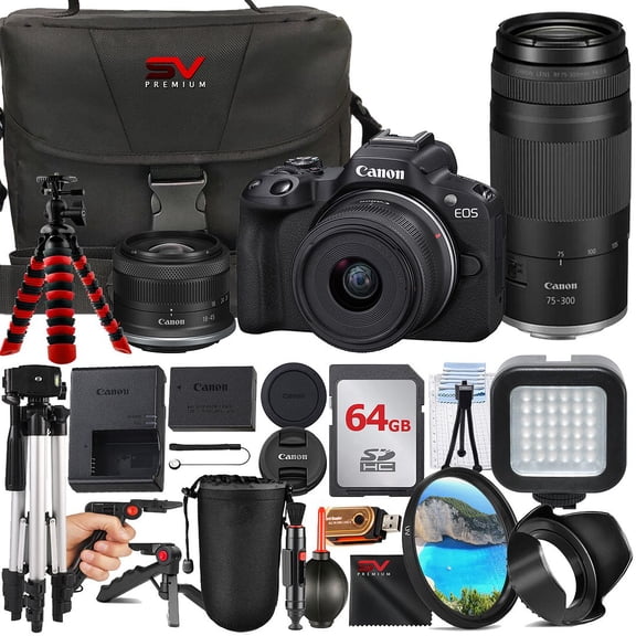 Canon EOS R50 Mirrorless Camera with RF-S 18-45mm   75-300mm Lens   64GB Memory Card   Case   Tripod   SV Premium Accessory Bundle (International Version)