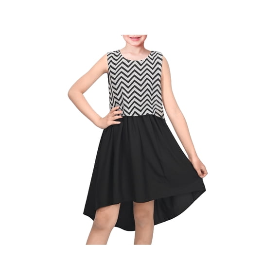 Sunny Fashion Girls' Sleeveless Chiffon Dress Black And White Zigzag Print High-Low Casual Summer Dresses 6 Years