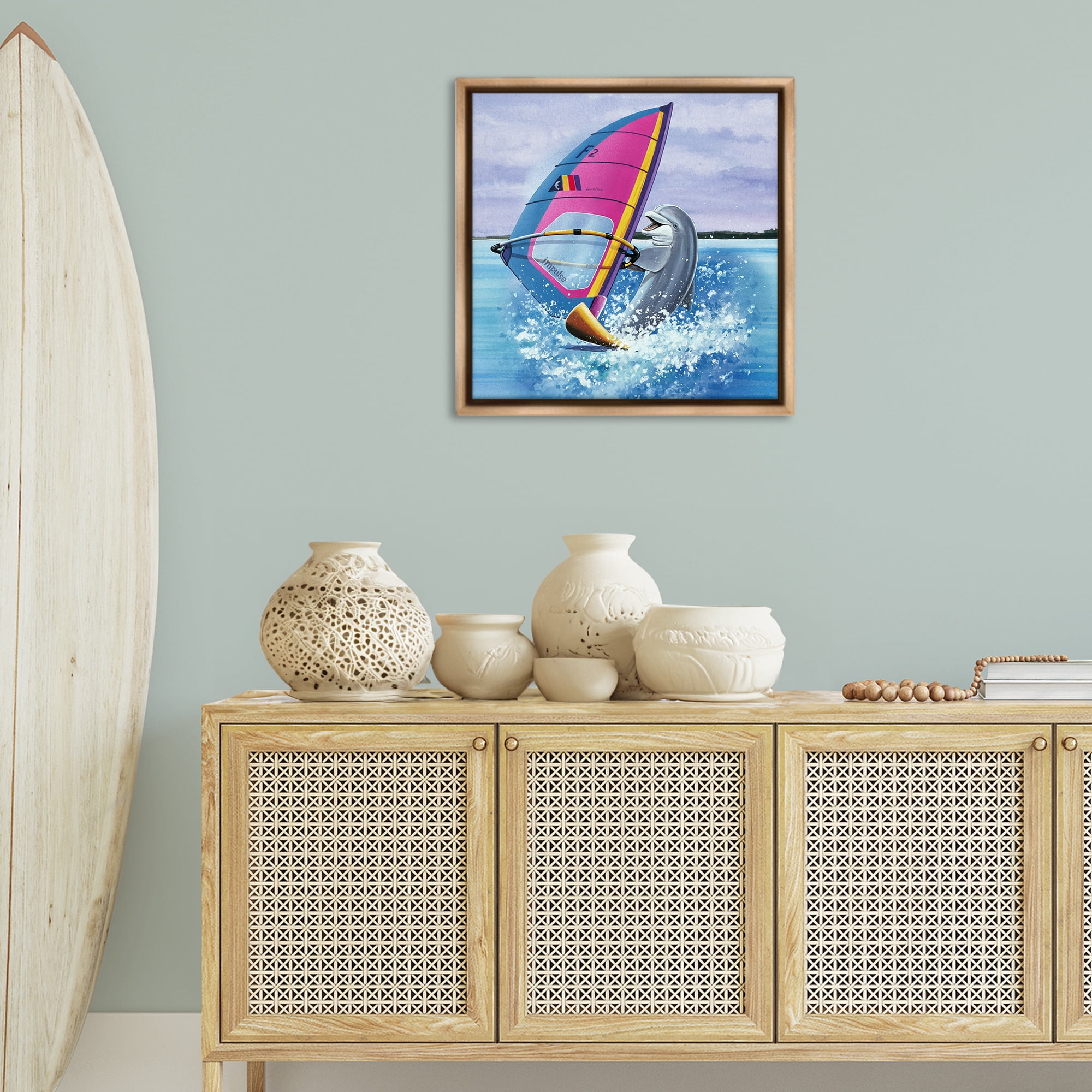 Stupell Industries Wind Surfer Dolphin Animals Painting Brown Floater Framed Canvas Art Print Wall Art, 25 x 25
