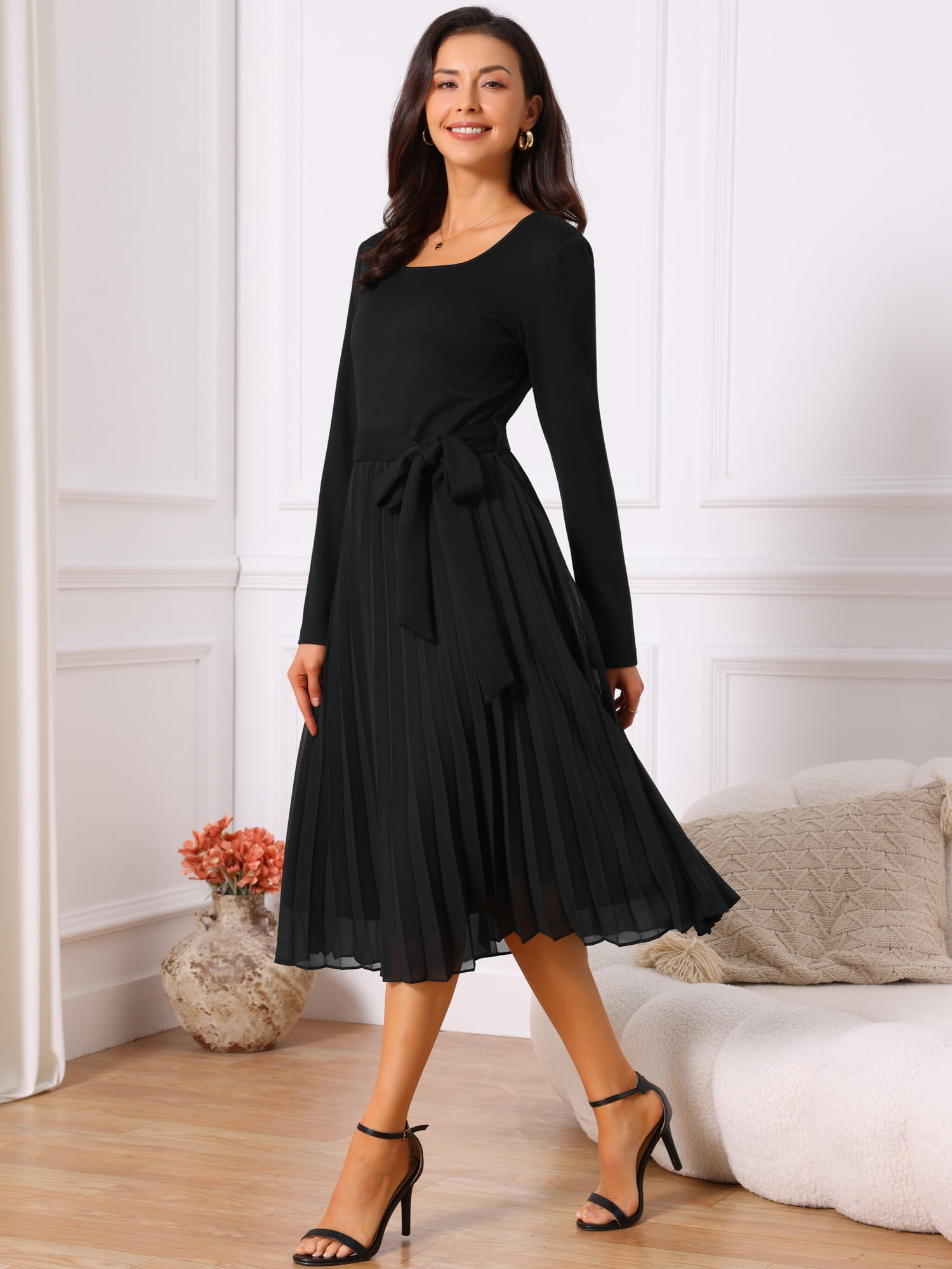 DARING DIVA Women's Pleated Crewneck A Line Flowy Long Sleeve Dress L Black