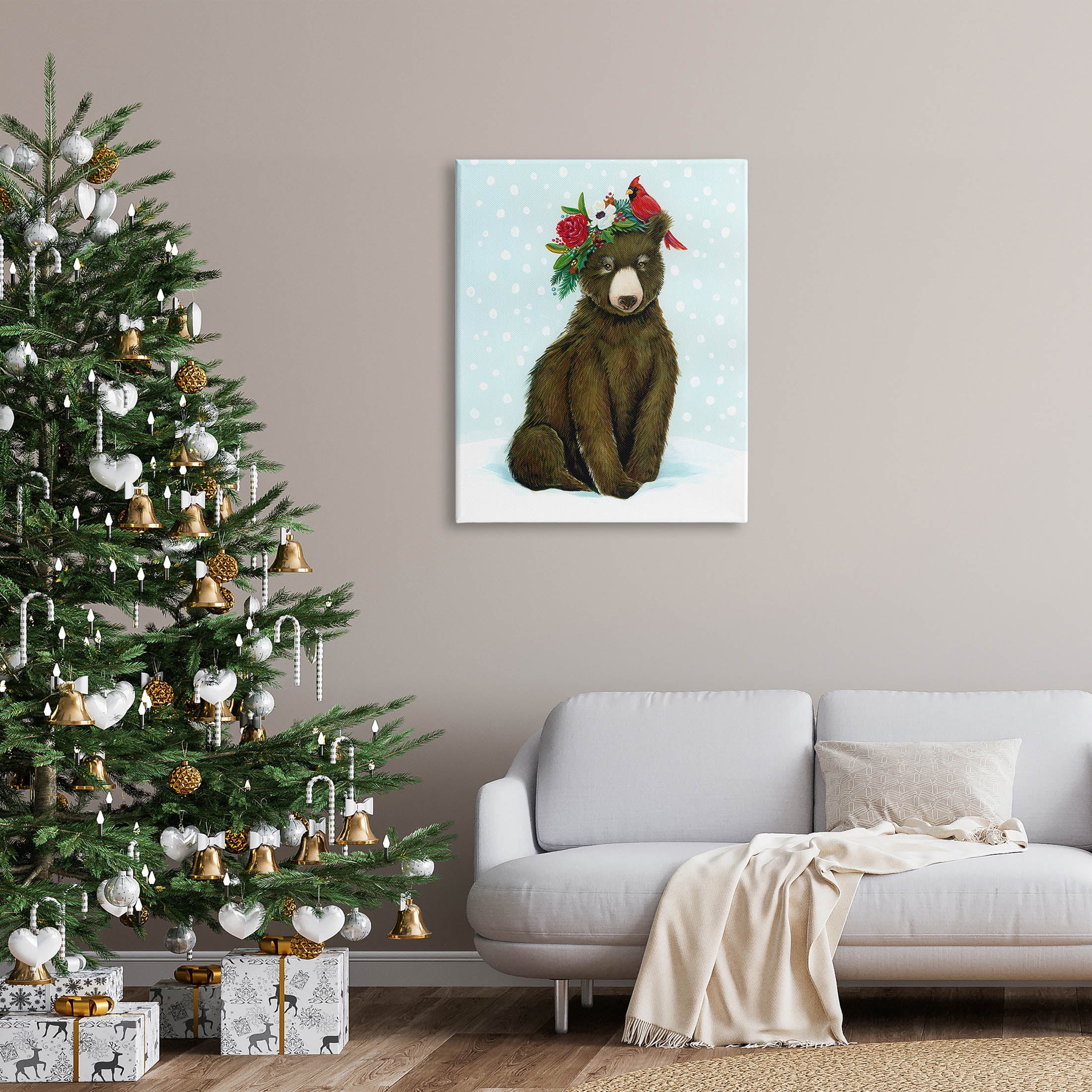 Stupell Industries Bear Seasonal Holly Snow Scene Graphic Art Gallery Wrapped Canvas Print Wall Art, Design by Laura Marr