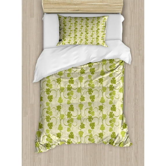 Vines Duvet Cover Set Twin Size, Repeating Abstract Grape Leaves Graphic in Green Tones, Decorative 2 Piece Bedding Set with 1 Pillow Sham, Pale Olive Green Pale Mustard and Khaki, by Ambesonne