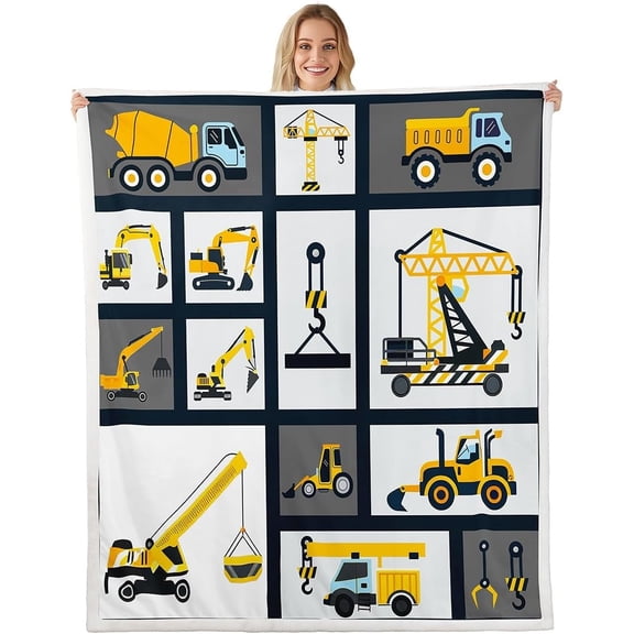 Boys Construction Fleece Throw Blanket Kids Machinery Truck Sherpa Blanket for Bed Sofa Couch Construction Site Car Vehicle Decor Plush Blanket Excavators Fuzzy Blanket Bedroom DecorBaby 30"x40"