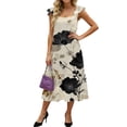 thumbnail image 2 of LWavelet Women's Square Neck Ruffle Strap Floral Print Tiered Midi Dress for Casual & Summer Wear Khaki M, 2 of 5