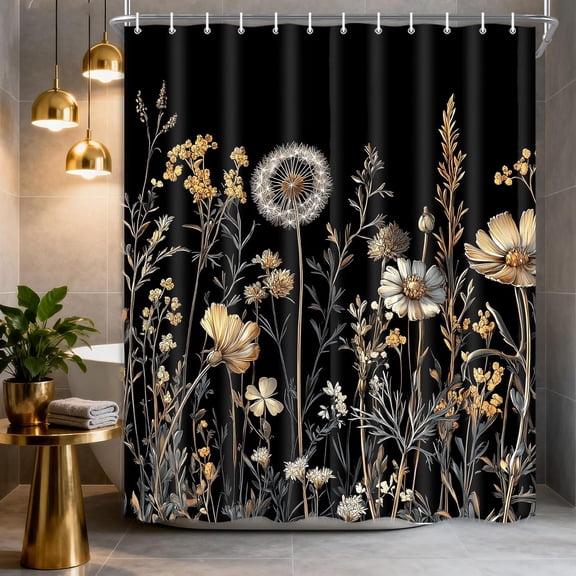 Boho Shower Curtain Vintage Floral Black Fabric Shower Curtain Machine Washable Waterproof Cloth Bath Curtain Farmhouse Country Bathroom Decoration 60x72 Inch