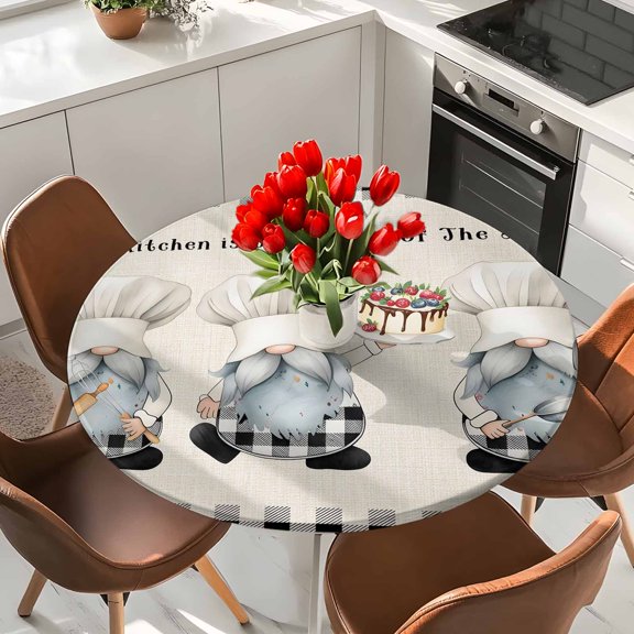 Cooking Chef Gnome Elastic Fitted Round Tablecloth Cake Black Buffalo Plaid Waterproof Outdoor Table Cover for Holiday Party, Picnic, Patio & Dining Fits Tables Up to 55"-60"